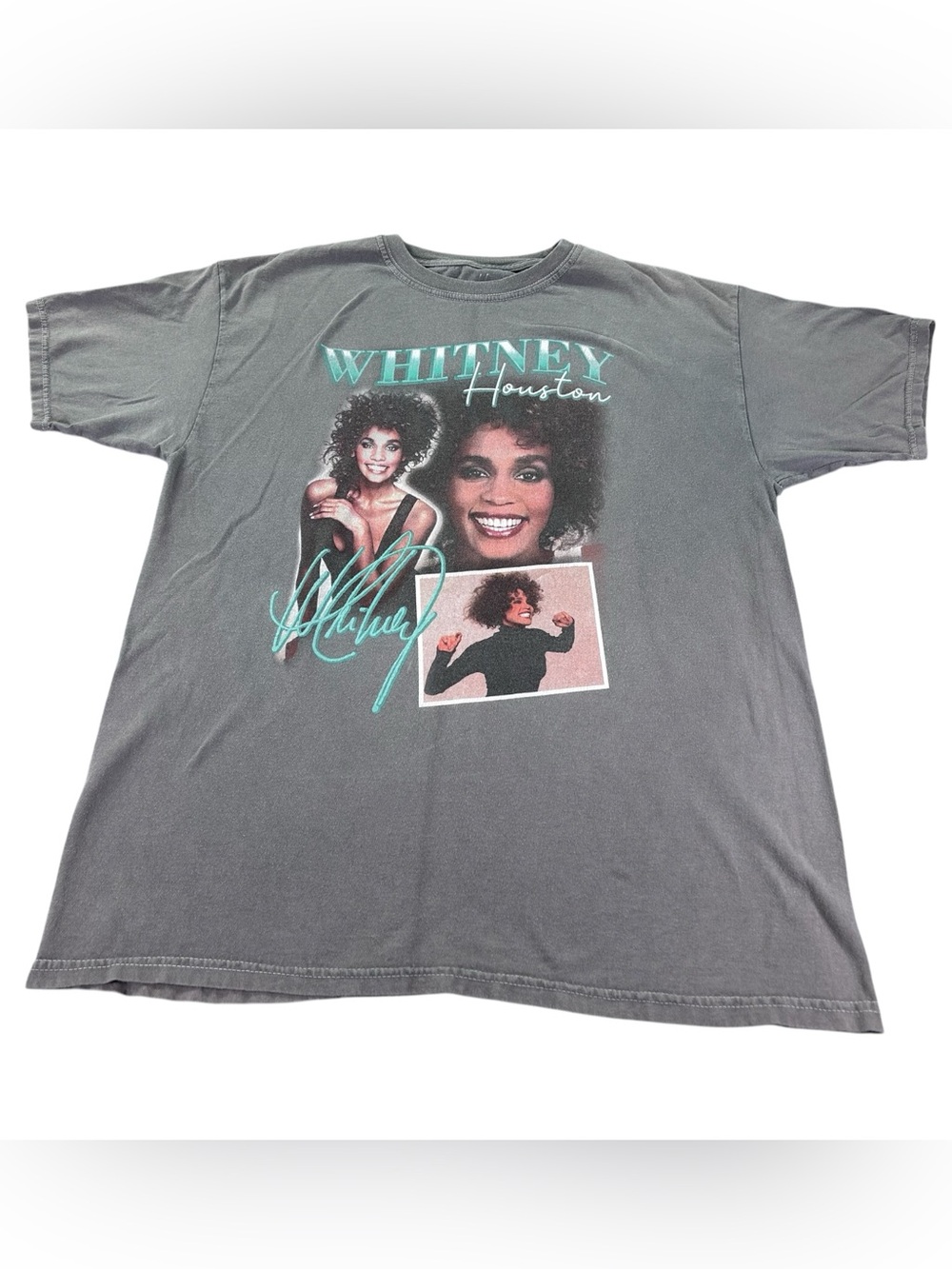 Whitney Houston Portrait Collage Graphic Tee Washed Charcoal Signature Music